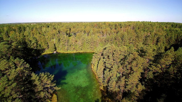 Antu lakes aerial shot with lots of trees surrounding. The green lake in the middle of the forest in Laane-Virumaa Estonia