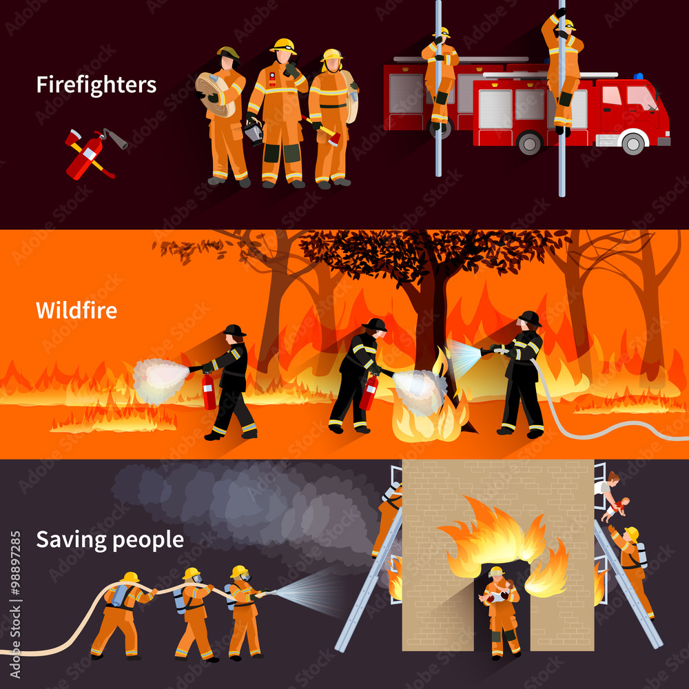 Sticker Horizontal Firefighter People Banners Set