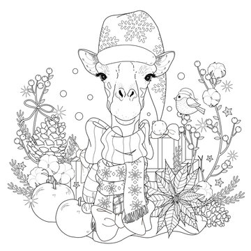 Christmas Giraffe Coloring Page