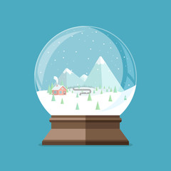 Christmas snow globe with house in the forest and mountains insi