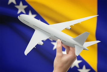 Airplane in hand with flag on background - Bosnia and Herzegovina