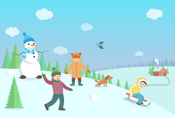 Happy kids playing winter games. Winter landscape with forest an
