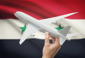 Airplane in hand with flag on background - Syria