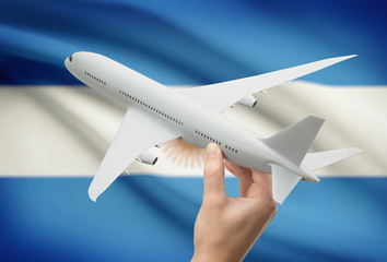 Airplane in hand with flag on background - Argentina