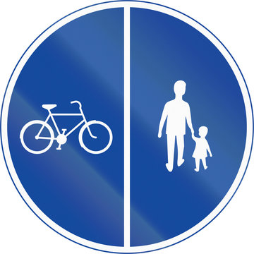 Road sign used in Sweden - Compulsory track for pedestrians, cyclists and moped drivers. Dual track