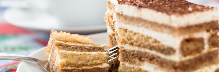 Tiramisu cake with cup of coffee