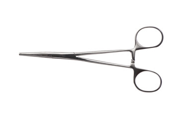 Close up of stainless steel surgical forceps isolated on white background. Clipping path included.