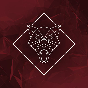 The wolf head sign (Icon) - Vector illustration. The wolf head in low poly style on the abstract geometric background.