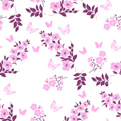 Twig cherry blossoms and butterfly. Seamless