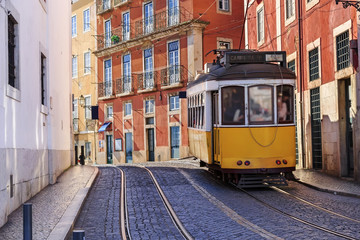 Fototapeta na wymiar Vintage Lisbon tram on city street
