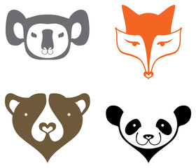 Koala, fox, bear, panda, head silhouette - simple vector signs.