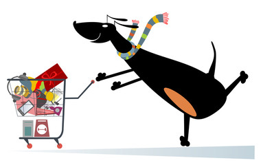 Dog is shopping. Dog pushes a shopping trolley full of purchases 
