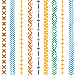 Bright striped seamless pattern with the image of the seams, stitches, embroidery for hippie, boho, ethnic and denim style. Modern design, best for prints on textiles and paper.