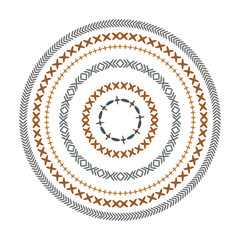 The pattern of concentric embroidered circles in hippie, boho, ethnic and denim style.