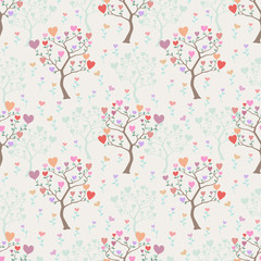 Seamless background with trees and multicolored hearts
