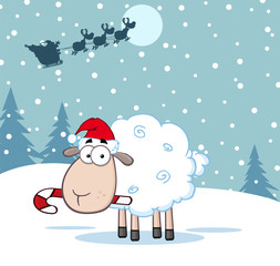 Funny Christmas Sheep. Illustration With Background