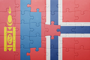 puzzle with the national flag of norway and mongolia