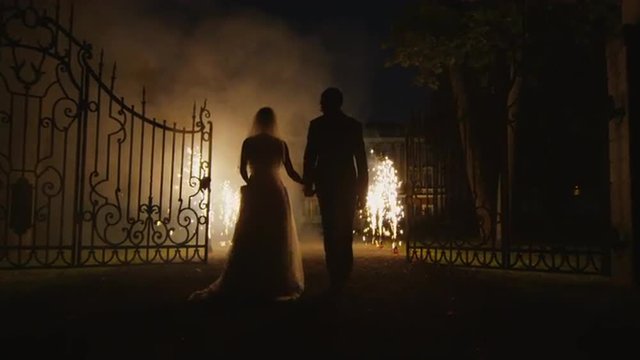 Happy young newlyweds are walking through fireworks in a park in the evening. Shot on RED Cinema Camera
