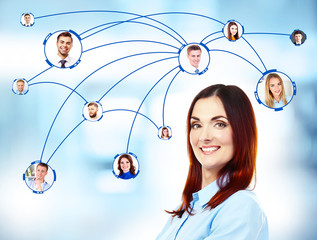 Woman and social network structure on abstract background