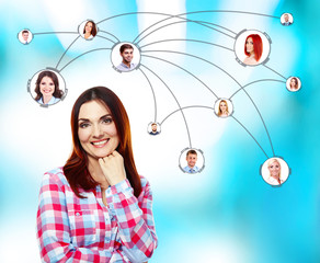 Woman and social network structure on abstract background