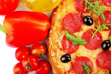 Pepperoni pizza with vegetables isolated on white
