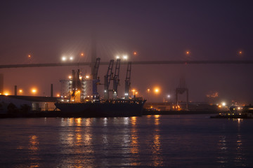 Fototapeta na wymiar Cargo ship loading at night in port of Savannah, Georgia.