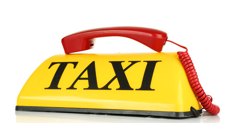Transportation concept. Yellow taxi sign with red receiver isolated on white background, close up
