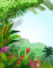 Forest andscape of  tropical background with sunrays