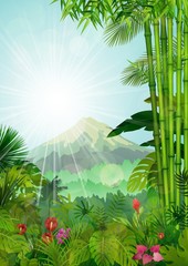 Mountains landscape of  tropical background with sunrays