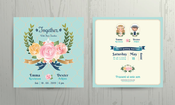 Floral roses wreath wedding cartoon bride and groom couple invitation card on wood