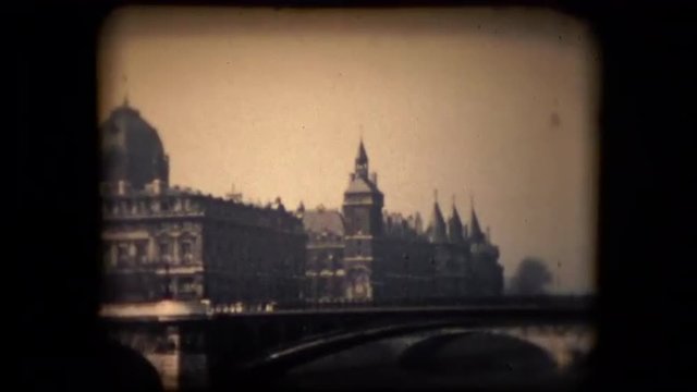 Historic footage of a bridge over the Seine river in Paris