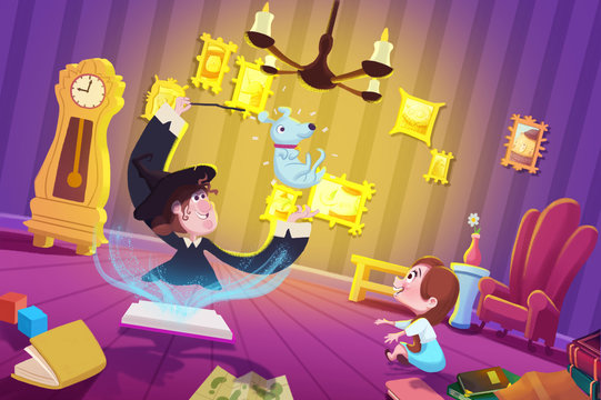 Illustration for Children: The Witch's Room. Realistic Fantastic Cartoon Style Artwork Scene, Wallpaper, Story Background, Card Design