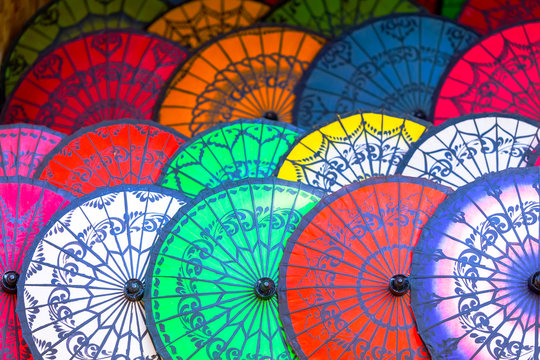 Colorful umbrellas on street market in Bagan, Myanmar.