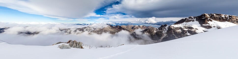 View of Cordillera Real mountain range from high camp of climbers under Huayna Potosi mountain in...