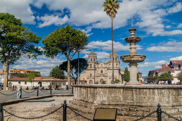 Fototapeta na wymiar Plaza de Armas square with a cathedral in Cajamarca, Peru.