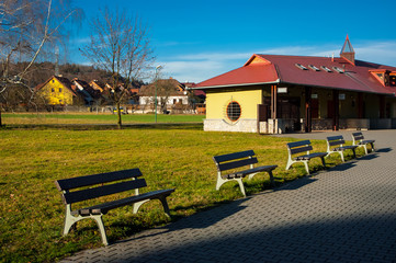 Obraz premium Rest area for tourists in the area Sloup-Sosuvka caves in the Moravian Karts, South Moravia, Czech Republic.