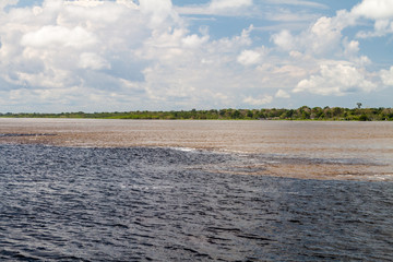 The Meeting of Waters (Encontro das Aguas) is the confluence between the Rio Negro river, with dark water, and lighter Amazon river or Rio Solimoes