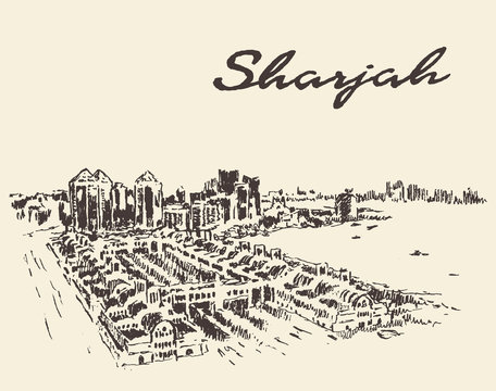 Sharjah Arab Emirates skyline vector drawn sketch