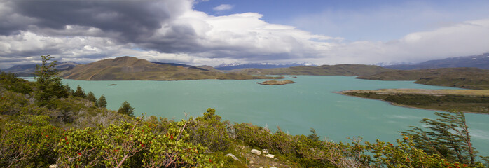 Panorama of emerald lake, Torres del Paine, Chile