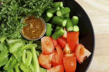 Vegetables, Mixed vegetables salad with dressing.