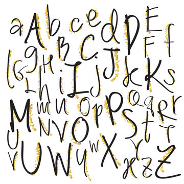 Black gold chalk pencil alphabet letters.Hand drawn written