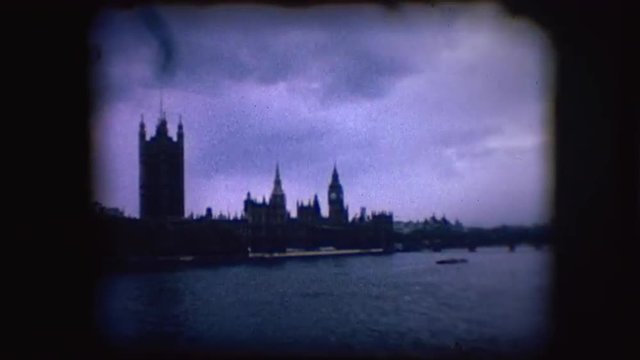 Vintage 8mm footage of the Palace of Westminster on the river Thames