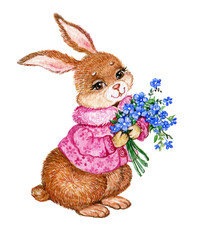postcard Valentine's day.rabbit,Bunny with flowers.illustration watercolor