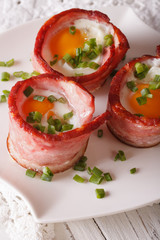 Fried eggs wrapped in bacon on a plate close-up. vertical
