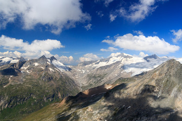 Mountain glacier panorama with summit Großvenediger south face in the Hohe Tauern Alps, Austria