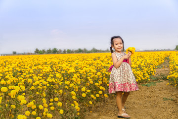 Fototapeta premium Adorable girl smiling on marigold flowers field. Natural light.