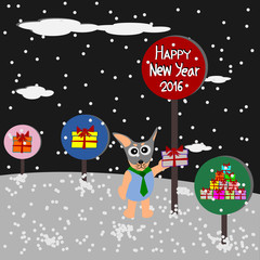 Greeting Card Design, Happy New Year 2016, Happy New Year Card, Dog and Gift vector 