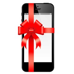 Realistic mobile phone a gift for the holiday with red bow 