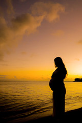 Silhouette of pregnant woman on the beach at sunset during the g