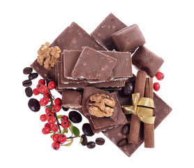 chocolate with nuts isolated on white background.Selective focus